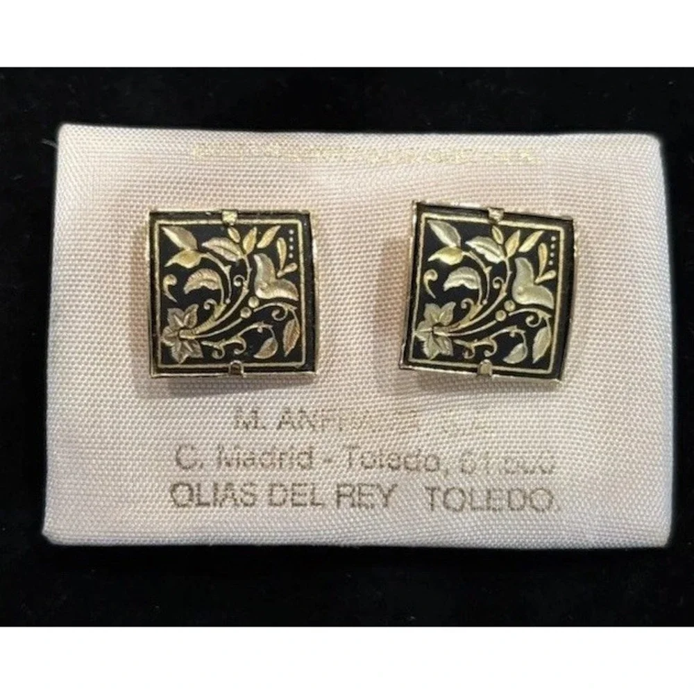 VTG DAMASCENE Madrid Spain Toledo 24k Gold Encrusted Lily Flower Earrings